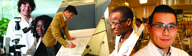 Collage of 4 photos of men and women working in labs 