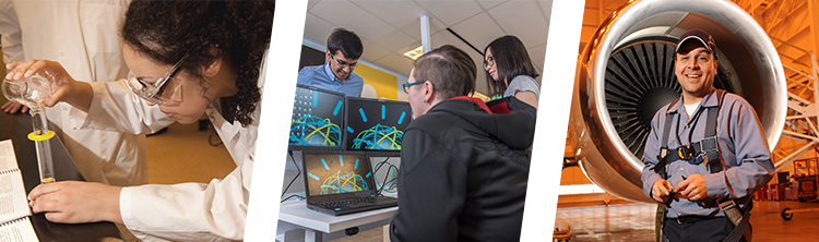 Montage photo of a female student working in a lab, of a male student in front of an airplane and of students working at a computer