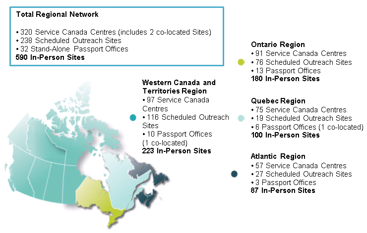 Map of Canada showing the numbers of service delivery network in the four regions. Text version following below.