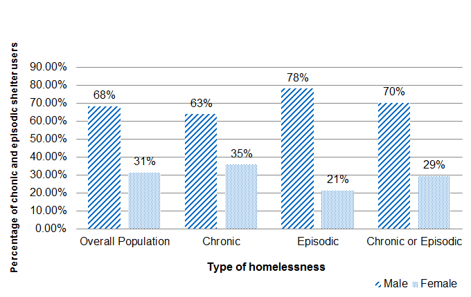 Bar graph comparing the ratio of male and female chronic and episodic shelter users by type of homelessness.