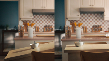 A side-by-side comparison of a kitchen scene focusing on the kitchen table in the foreground. On the left, the table appears tilted, with the surface slanting downward, making the bowl on top look precarious. On the right, the table is straightened and level, with the bowl sitting securely, creating a stable and orderly appearance.