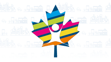 A navy blue maple leaf with lines blue, green, pink, orange and yellow across it is against a white background.