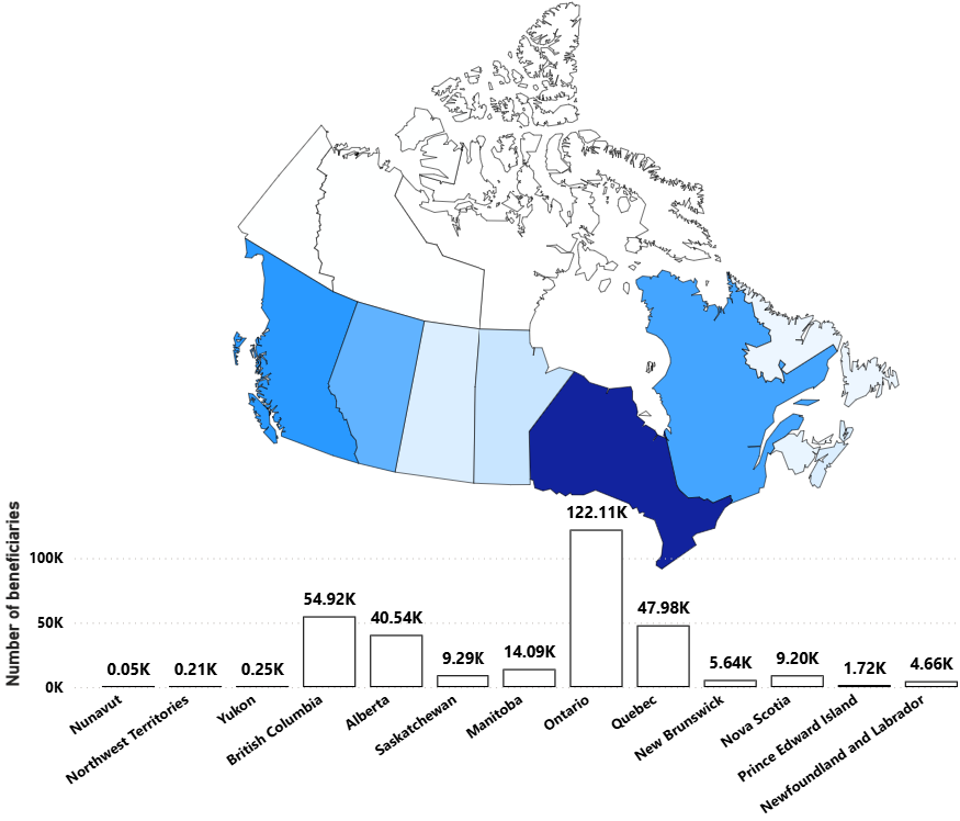 Regional variation in the number of RDSP beneficiaries across Canada in 2024. Text version follows.