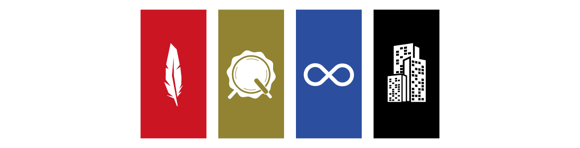 L’image présente quatre symboles autochtones. Les symboles de gauche à droite représentent les Premières Nations, les Inuits, les Métis et les Autochtones non affiliés ou vivant en milieu urbain.