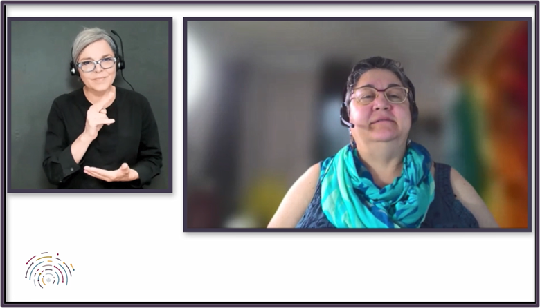 Screenshot of Elder Denise McCuaig  opening the event.  A Sign Language interpreter is on the left of the screen.