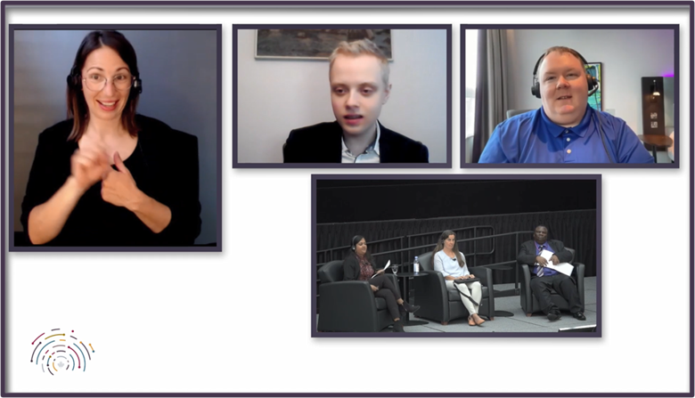 Screenshot of the panel discussion.  A Sign Language interpreter is on the left of the screen.
