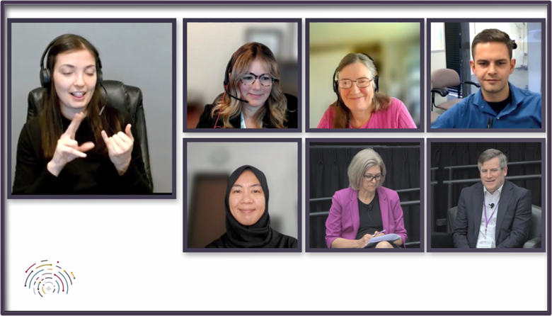 Screenshot of the panel discussion.  A Sign Language interpreter is on the left of the screen.