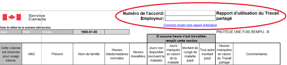 Capture d’écran du formulaire qui indique l’emplacement des champs Numéro de l’accord et Employeur.
