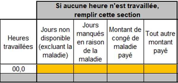 Si aucune heure n’est travaillée, remplir les champs  : Jours non disponible (excluant la maladie), Jours manqués en raison de la maladie, Montant de congé de maladie payé, Tout autre montant payé.