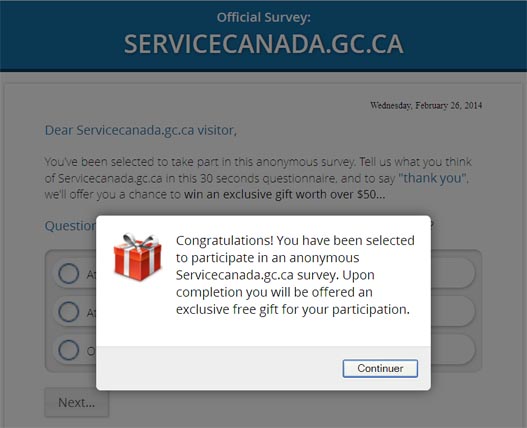 This is an image of the survey from Service Canada. There is a pop-up with the wording “Congratulations! You have been selected to participate in an anonymous Servicecanada.gc.ca survey. Upon completion you will be offered an exclusive free gift for your participation”.