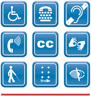 Nine icons for assisting people with disabilities. A text description of icons is provided below