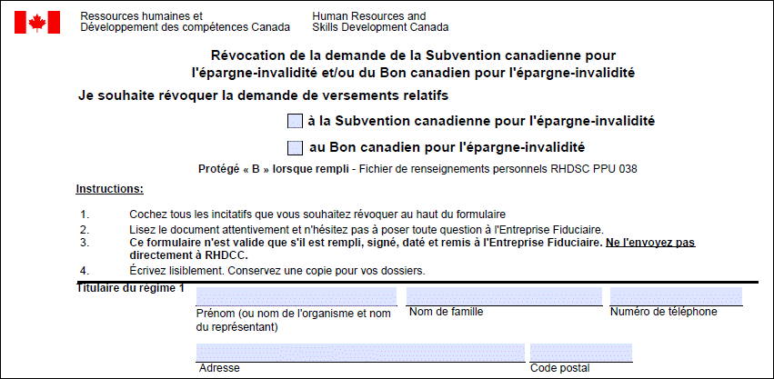 Image du formulaire Révocation de la demande de la Subvention canadienne pour l'épargne-invalidité et/ou du Bon canadien pour l'épargne-invalidité