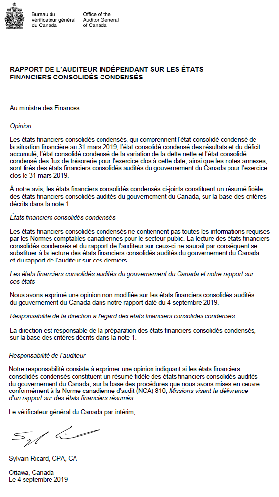 Rapport du vérificateur général sur les états financiers consolidés condensés du gouvernement du Canada