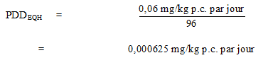 L'équation utilisée pour calculer le point de départ équivalent chez l'humain (PDD<sub>EQH</sub>) pour l'hypertrophie hépatocellulaire.
