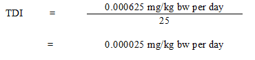 The equation used to calculate the tolerable daily intake (TDI) for PFOA, under the non-cancer risk assessment.