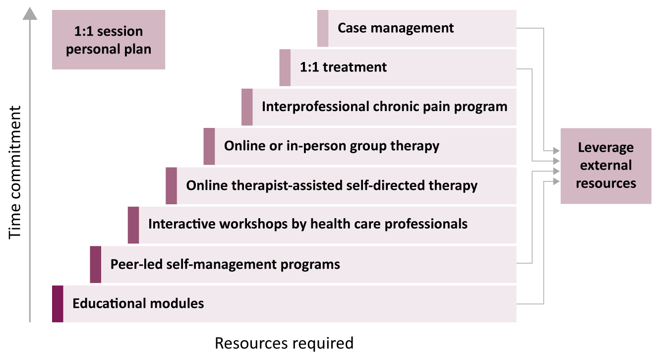 Figure 2 - The Ottawa Hospital Pain Clinic eight-tiered interprofessional chronic pain management stepped care framework (Bell et. al., 2020)