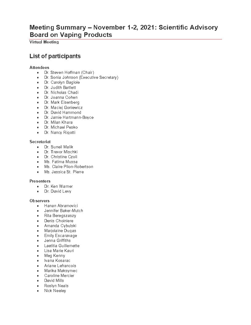 Meeting Summary November 12, 2021 Scientific Advisory Board on