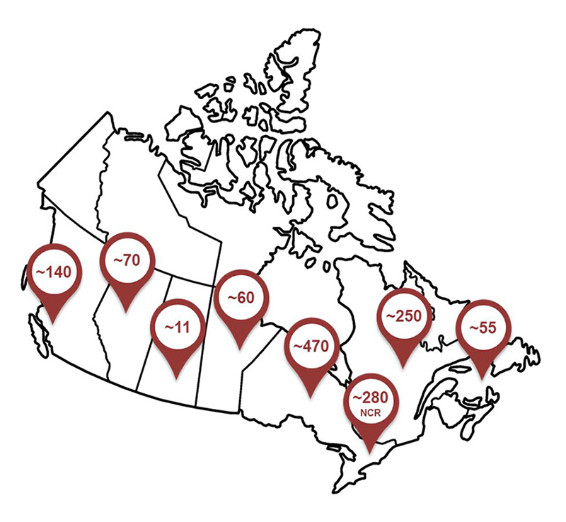 Map showing ROEB employees across Canada. ROEB has employees in 26 locations across Canada.