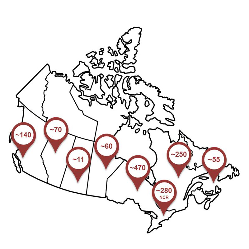 Carte montrant les employés de la DGORAL à travers le Canada. La DGORAL compte des employés dans 26 endroits à travers le Canada.
