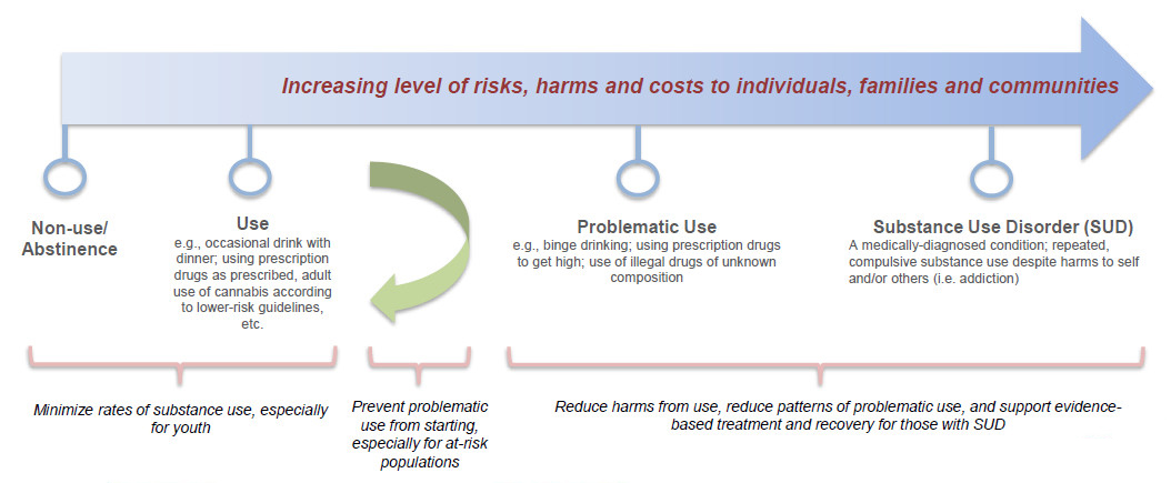 The continuum of increasing levels of risks, harms and costs to individuals, families and communities associated with drug use.