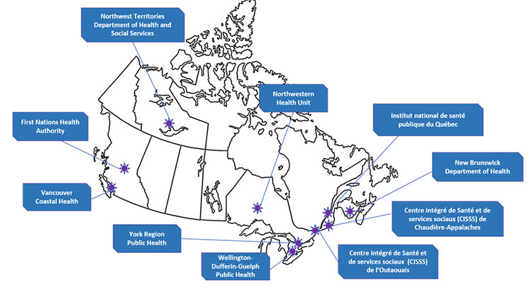 A map of Canada showing the locations of the 10 HealthADAPT funded projects.