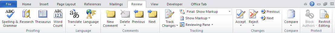 Screen capture of the Track Changes Ribbon in Microsoft Word