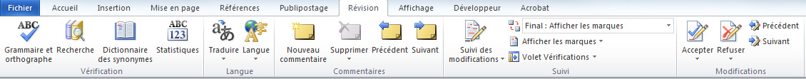 Capture d'écran de la barre d'outils Suivi des modifications en Microsoft Word
