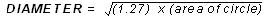 Mathematical equation for diameter which shows an equal sign that corresponds to the square root of (1.27 multiplied by area of circle)