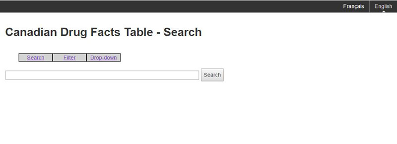 The image shows a sample of a search page for Canadian Drug Facts Tables.  The options presented are search, filter and drop-down.  There is a search box that will accept text input, and a search button.