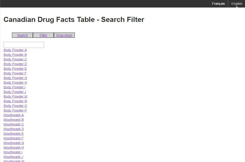 The image shows a sample of the filtering mechanism for Canadian Drug Facts Tables. There is a text box and a list of product names.  The options presented are search, filter and drop-down.