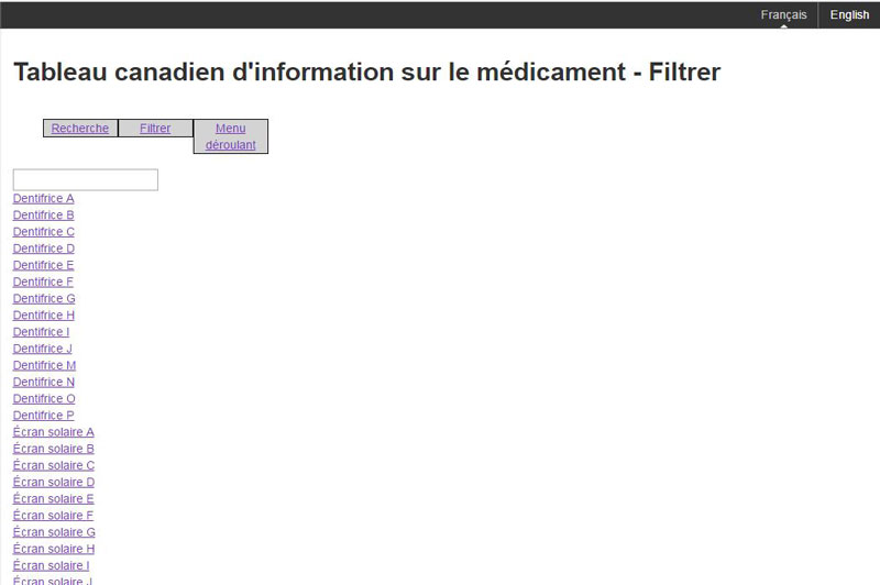 L'image montre un échantillon du mécanisme de filtrage pour les tableaux canadiens de données sur les médicaments. Il y a une zone de texte et une liste de noms de produits. Les options présentées sont la recherche, le filtre et la liste déroulante.  