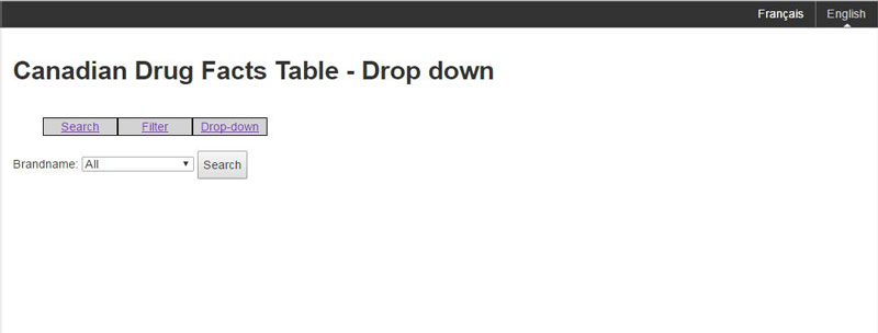 The image shows a sample of the drop down mechanism for Canadian Drug Facts Tables.  There is a select list for Brandname, and a search button.  The current selection is all.  The options presented are search, filter and drop-down.