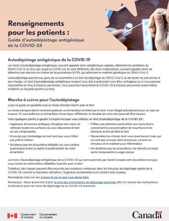 Renseignements pour les patients : Guide d'autodépistage antigénique de la  COVID-19 