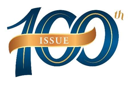 A blue and gold number 100 with a gold ribbon that says 100th issue