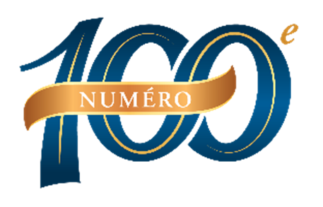 Le nombre 100 bleu et or avec un ruban doré indiquant le 100e numéro.