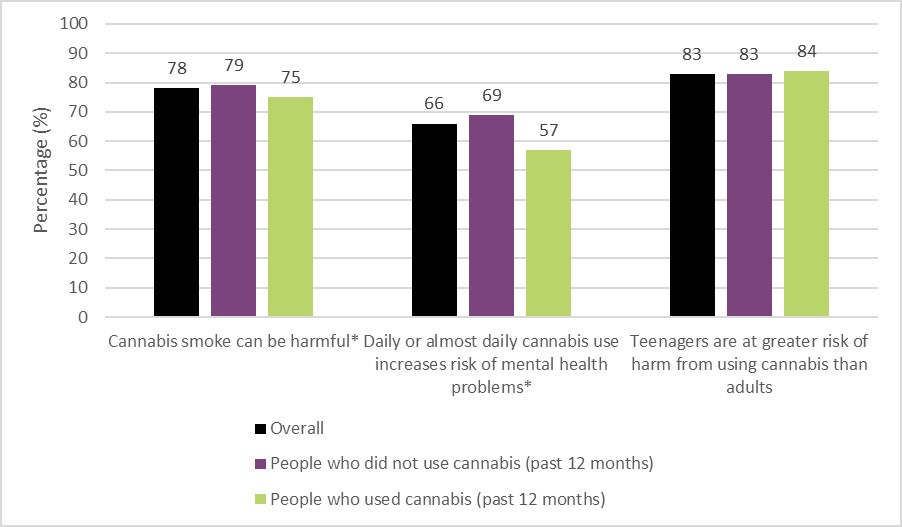 Figure 1. Knowledge or beliefs regarding cannabis-associated harms, 2022. Text description follows.