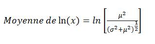 La moyenne du logarithme naturel de x (lan x) est égal à lan (crochet ouvert) le numérateur est mu au carré divisé par le dénominateur de (parenthèse ouverte) sigma au carré plus mu au carré (parenthèse fermante) à l'exposant de moitié (crochet fermant).
