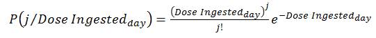 P(open bracket)j divided by dose ingested per day (close bracket) is equal to the numerator of (open bracket)dose ingested per day (close bracket) to the exponent j, divided by the denominator of j factorial  1 , all multiplied by base e to the negative exponent of dose ingested per day.