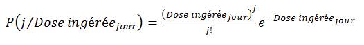 P (parenthèse ouverte) j divisé par la dose ingérée par jour (paranthèse fermante) est égal au numérateur de la dose (parenthèse ouverte)ingéré par jour (paranthèse fermante) à l'exposant j, divisé par le dénominateur de j factoriel 1, le tout multiplié par base e à l'exposant négatif de la dose ingérée par jour.