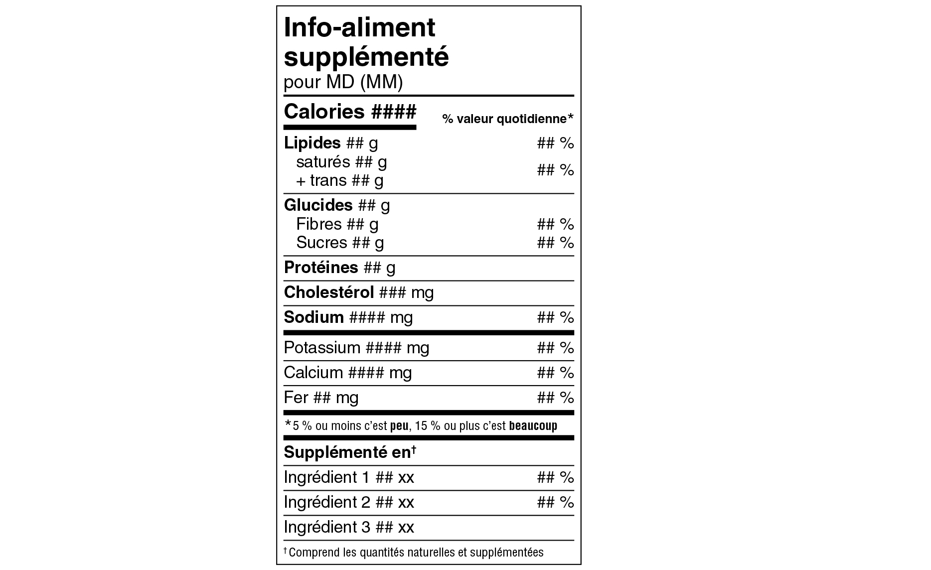 A French Supplemented Food Facts table in standard format surrounded by specifications. Text version below.