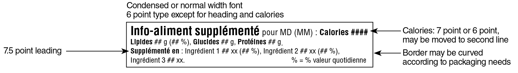 A French Supplemented Food Facts table in simplified linear format for one serving surrounded by specifications. Text version below.