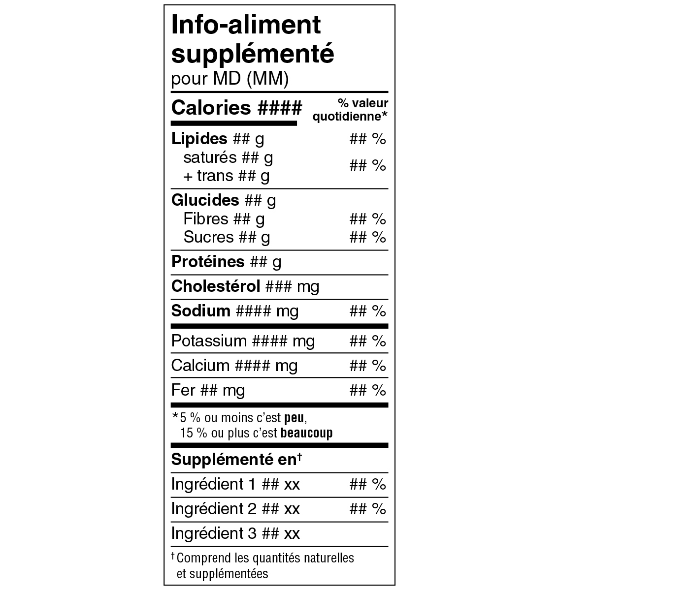 A French Supplemented Food Facts table in narrow standard format surrounded by specifications. Text version below.