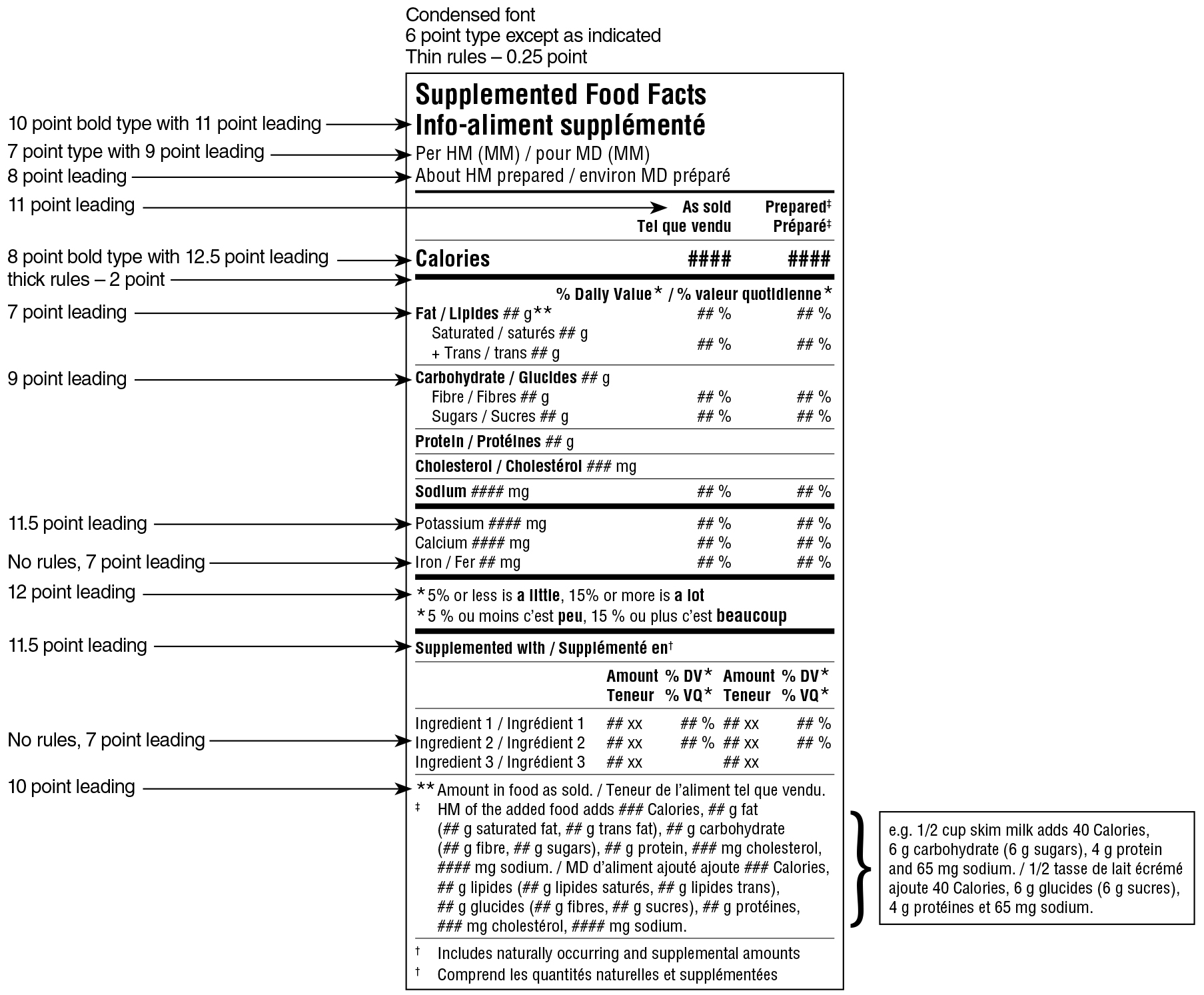 A bilingual Supplemented Food Facts table in dual format for food requiring preparation surrounded by specifications. Text version below.