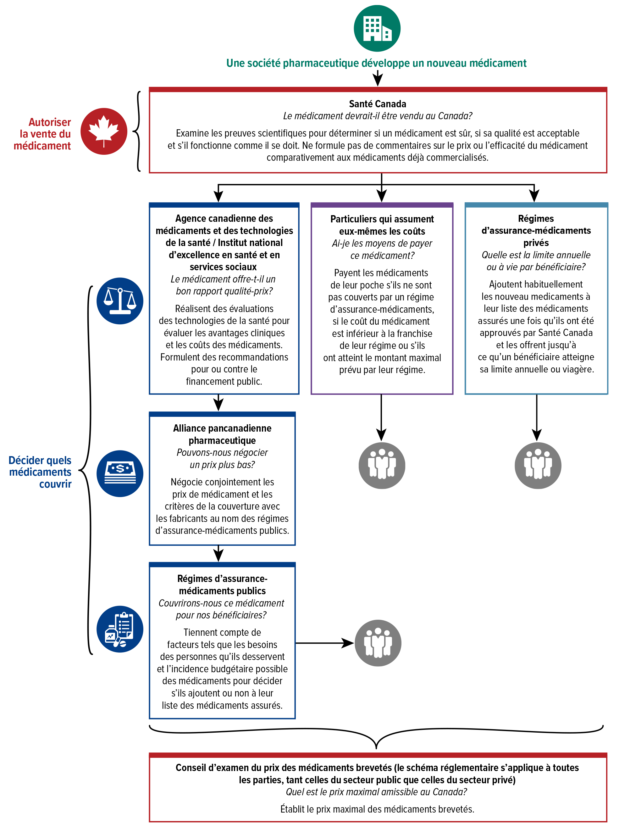 Figure 1 : Principales étapes et intervenants clés au Canada qui décident de la façon dont les médicaments sont couverts
