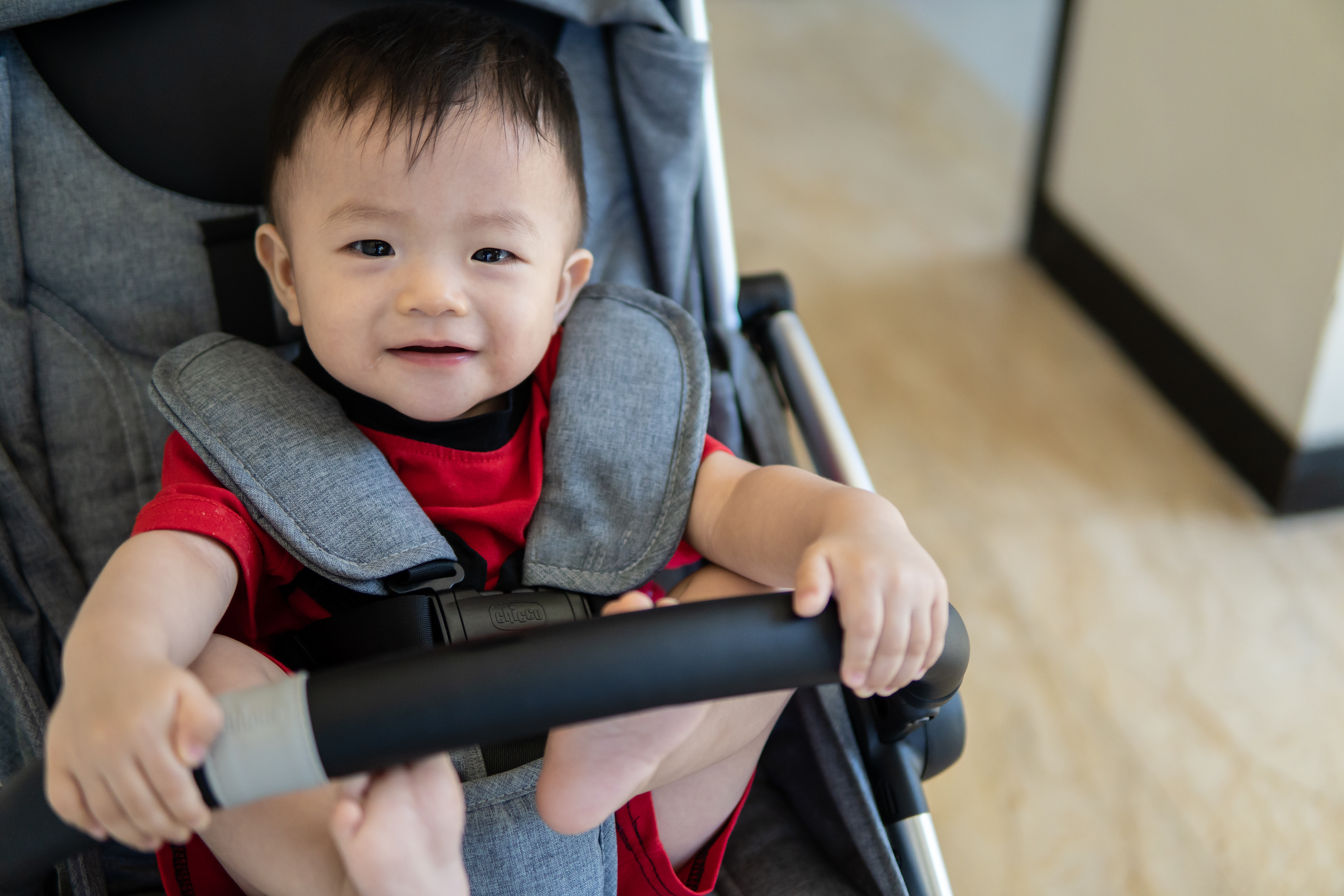 A baby sits in a stroller secured by the safety harness.