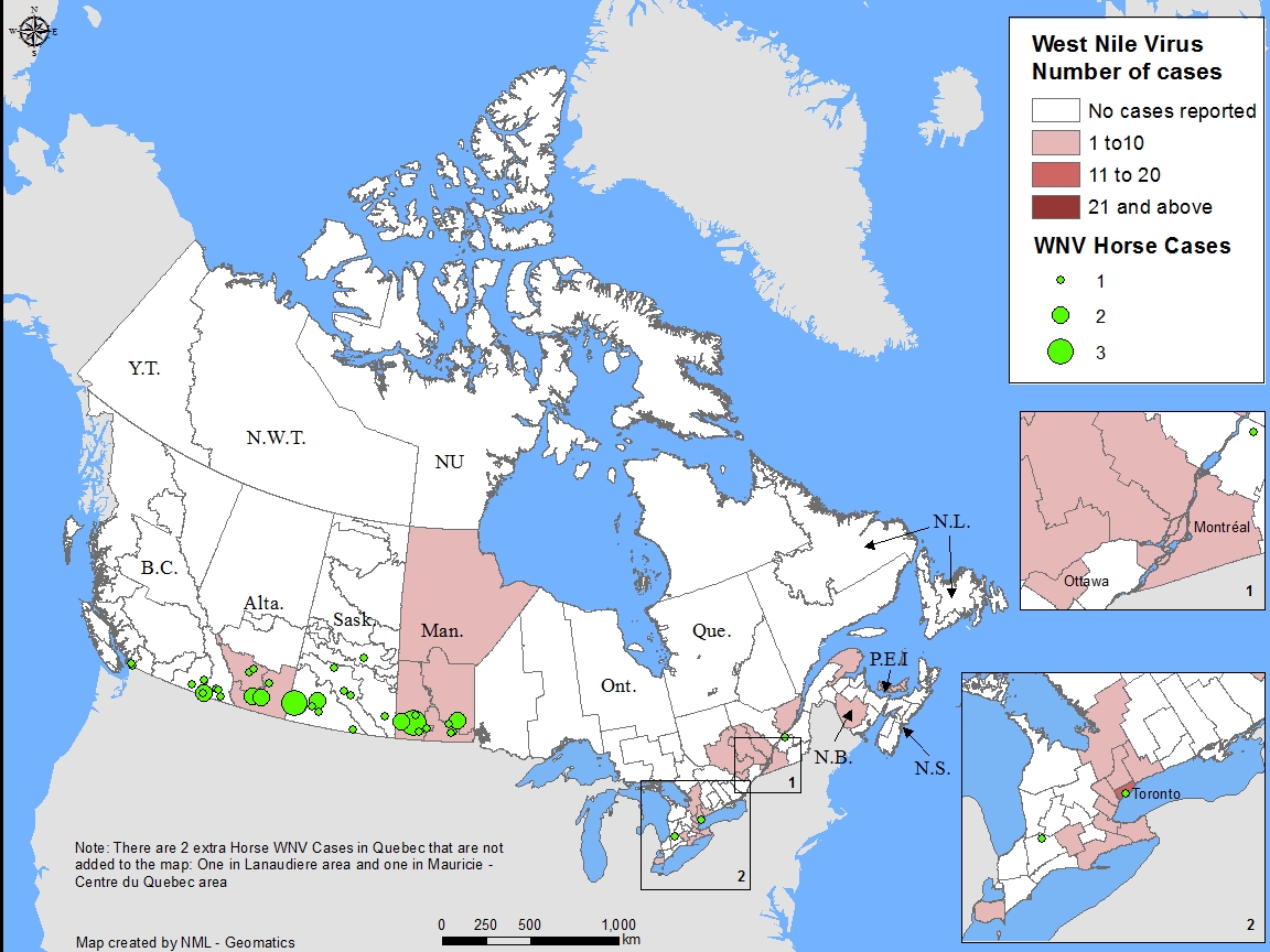Map showing geographic distribution of WNV in Humans (clinical cases) and horses in Canada.