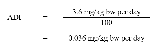 The ADI for MCPA is 0.036 mg/kg bw per day. This is calculated by dividing the NOAEL of 3.6 mg/kg bw per day by the uncertainty factor of 100. Text version below:
