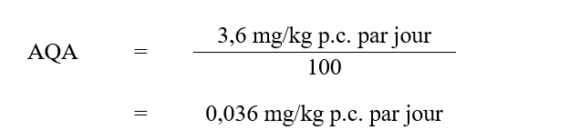 L’AQA pour MCPA est de 0,036 mg/kg p.c. par jour. Cette valeur est calculée par divisant la NOAEL de 3,6 mg/kg p.c. par jour par le facteur d’incertitude de 100.
