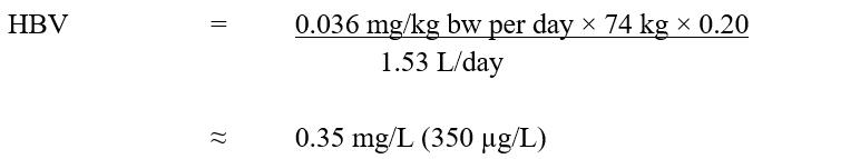 The HBV for MCPA in drinking water is 0.35 mg/L. This is calculated by multiplying the ADI for MCPA (0.036 mg/kg bw per day) by the allocation factor for water (0.2), then by the average body weight for an adult (74 kg). This product is then divided by the daily volume of water consumed by an adult (1.53 L/day).. Text version below: