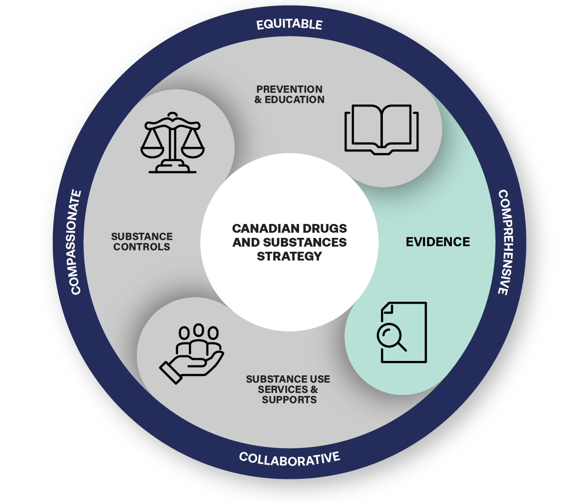 The Canadian Drugs and Substances strategy includes four elements: prevention and education, evidence, substance use services and supports, and substance controls. It is also equitable, comprehensive, collaborative and compassionate.